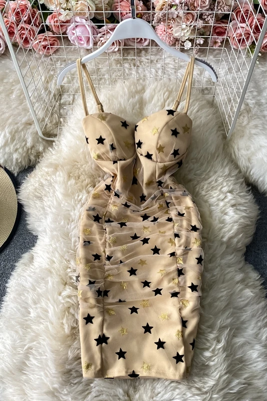 

Nightclub sexy star net yarn stitching strap bag hip skirt short ladies temperament sexy pleated tube top dress