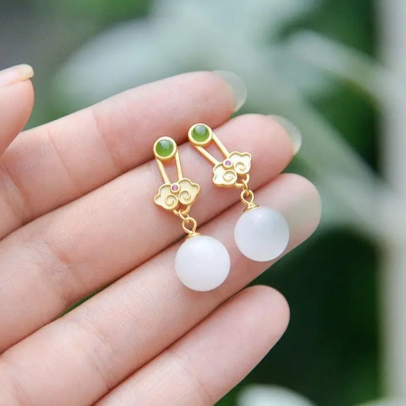 

New silver inlaid natural Hetian white Chalcedony Round Earrings Chinese retro court style elegant charm women's jewelry