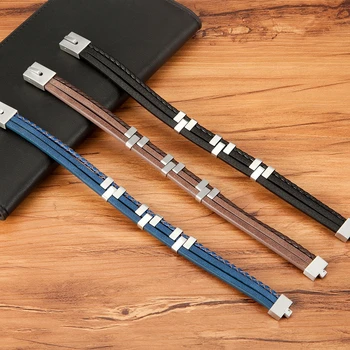 Three-Layer Stitching Stainless Steel Leather Bracelet 6