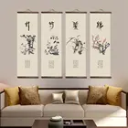 Плакаты на холсте с китайскими цветами и зелеными растениями, картина для спальни, гостиной, настенная художественная картина из массива дерева с прокруткой, декор с рамкой