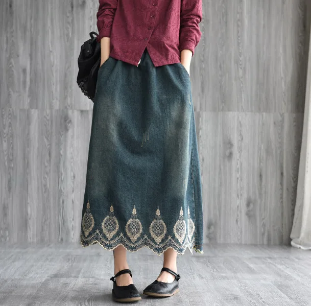 2021 Новинка весны Сезон лето Женская обувь Винтаж длинная джинсовая юбка с