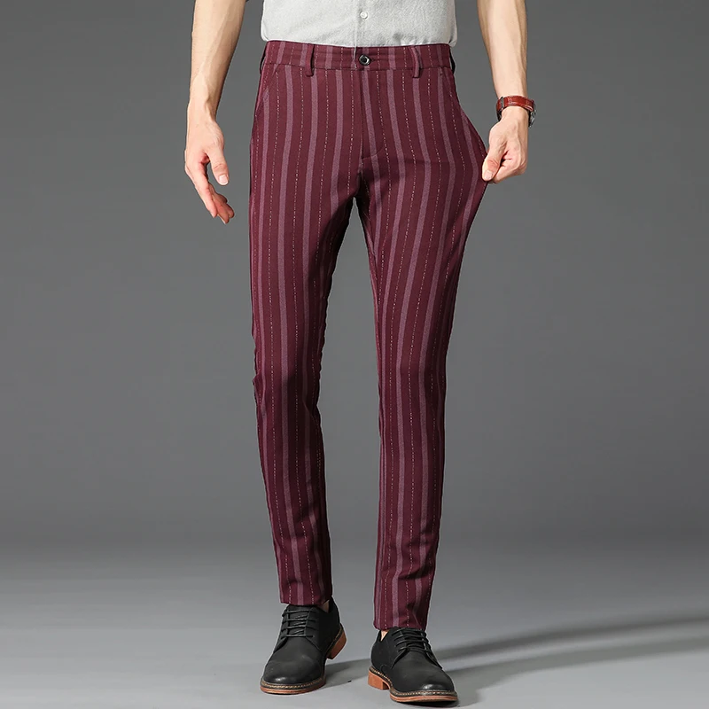 

Мужские брюки в полоску s, британские зауженные брюки, мужские размера плюс, повседневные строгие узкие деловые брюки, эластичные брюки-Слак...