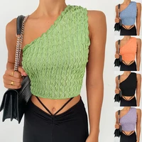 hot style womens backless solid color small vest top knitting drape neck one shoulder slim short style