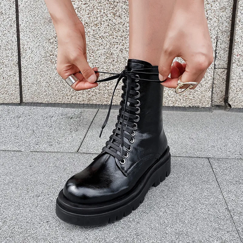 

Asumer 2020 newest thick bottom women's boots genuine leather lace up autumn winter comfortable casual shoes woman ankle boots