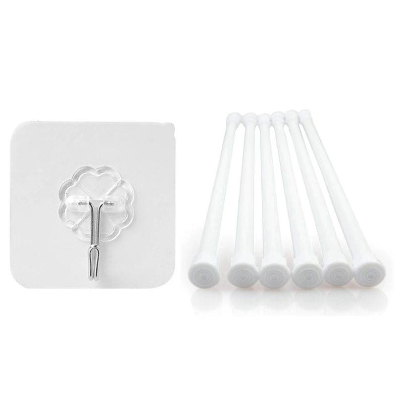 

20Pcs Hook Strong Transparent With 6 Pack Tension Rods, Adjustable Spring Cupboard Bars Rod Curtain Rods White