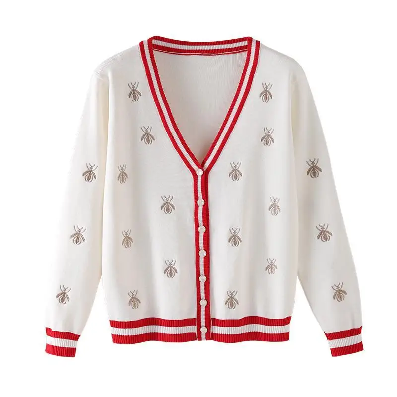 

Knitted cardigan 2021 spring and autumn new bee embroidery color contrast long sleeve top short with thin sweater