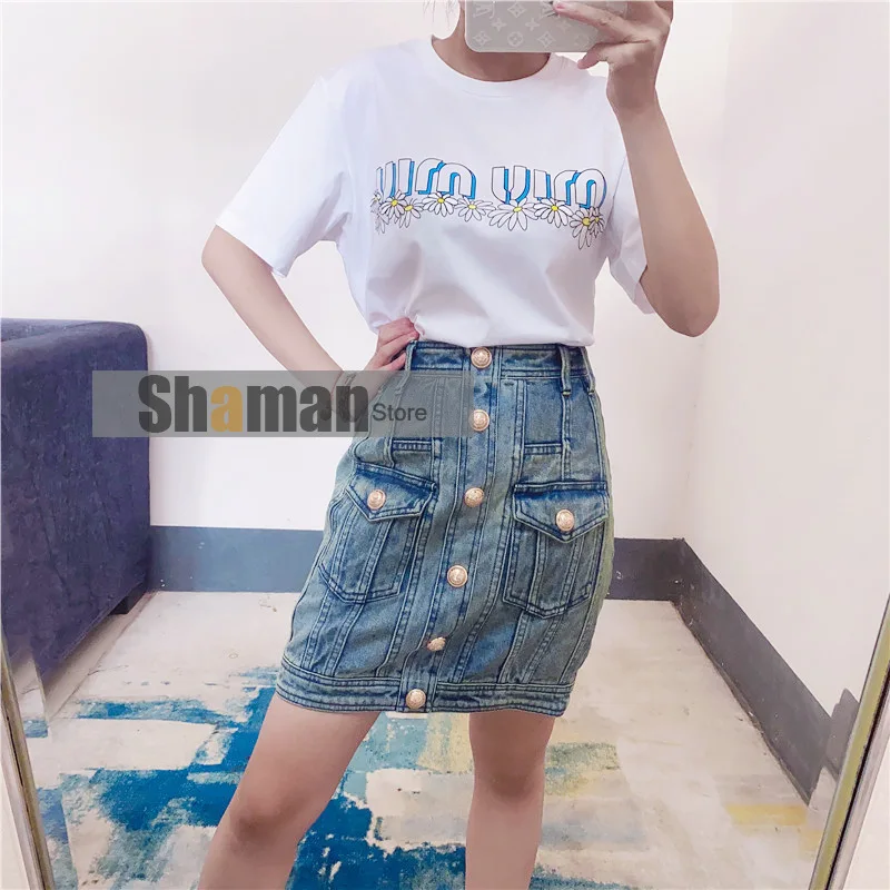 

Luxury Designer women high end 2021 spring New Heavy Industry Metal Buckle sexy blue Denim Skirt Sheath Woman mini Skirts S-L