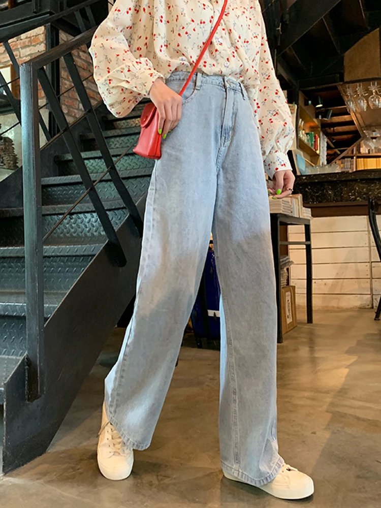Осенние джинсы с высокой талией широкие синие винтажные прямые в стиле Харадзюку