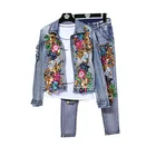 Женский комплект из двух предметов, джинсовая короткая куртка с длинным рукавом, цветочным принтом и блестками и джинсы, в европейском стиле, H957