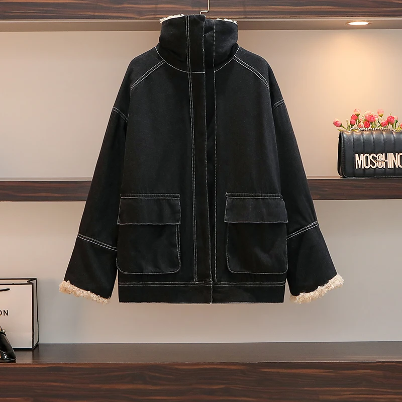 Женское теплое мягкое меховое пальто джинсовая черная куртка плюшевое