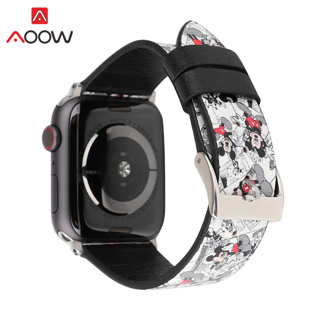 Ремешок для часов из натуральной кожи для Apple Watch 4, 40 мм, 44 мм, 38 мм, 42 мм, браслет с принтом Микки Мауса, ремешок для iwatch 1, 2, 3
