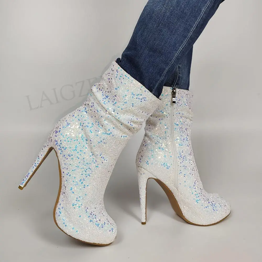 LAIGZEM/блестящие женские ботиночки с боковой молнией Ботильоны на высоком каблуке