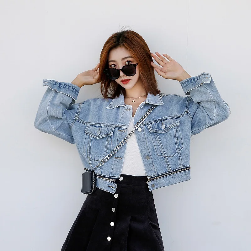 

Новинка 2020, джинсовая куртка, женская Свободная джинсовая куртка большого размера, дизайнерская короткая куртка на молнии с высокой талией,...