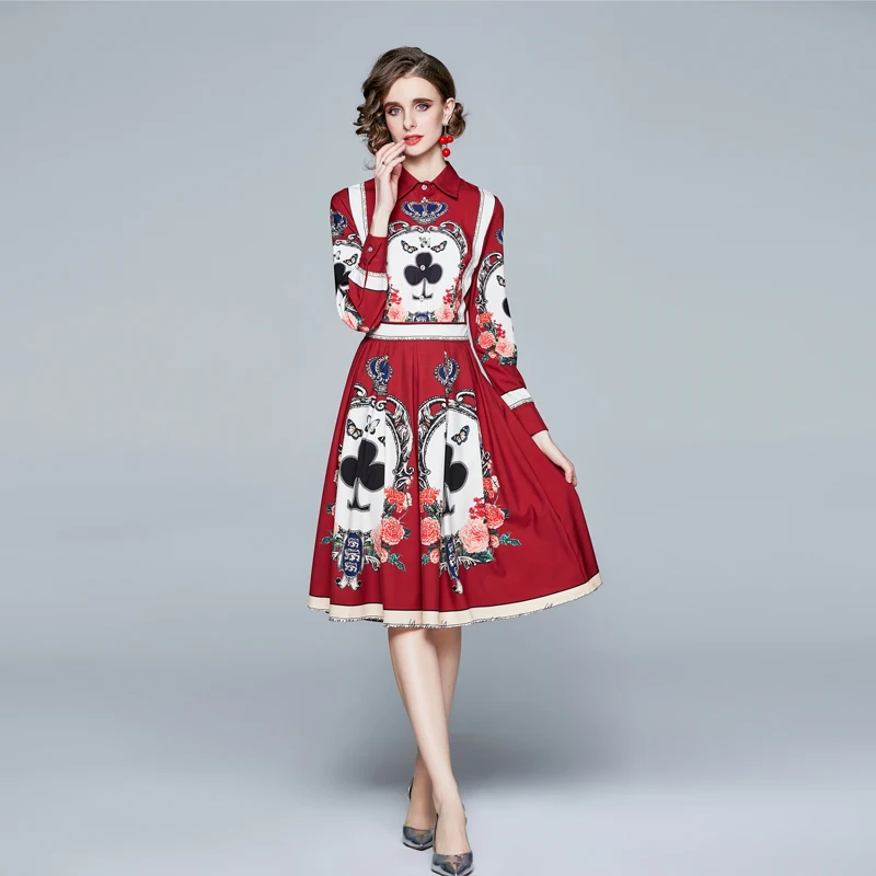 

Knee-Length Turn-down Collar Dresses Red Print Polyester Cartoon Long Sleeve Dress Kawaii Women Fashion Clothing Harajuku Dress