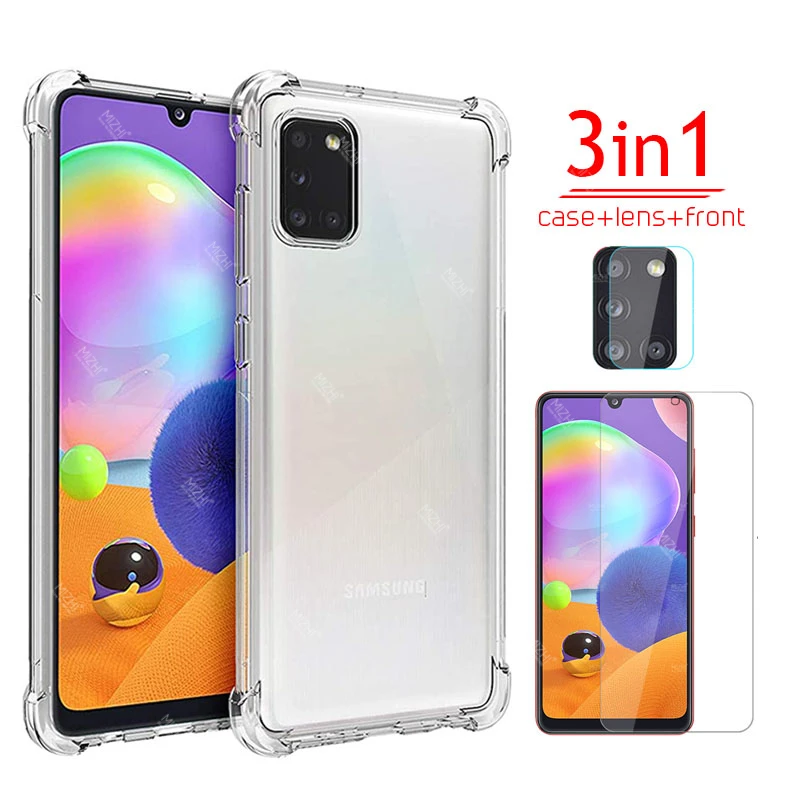 

3in1 transparent case for samsung galaxy a31 a52 a72 a12 a02s a32 a51 a41 m21 a21s m31s a22 tempered glass camera phone cover