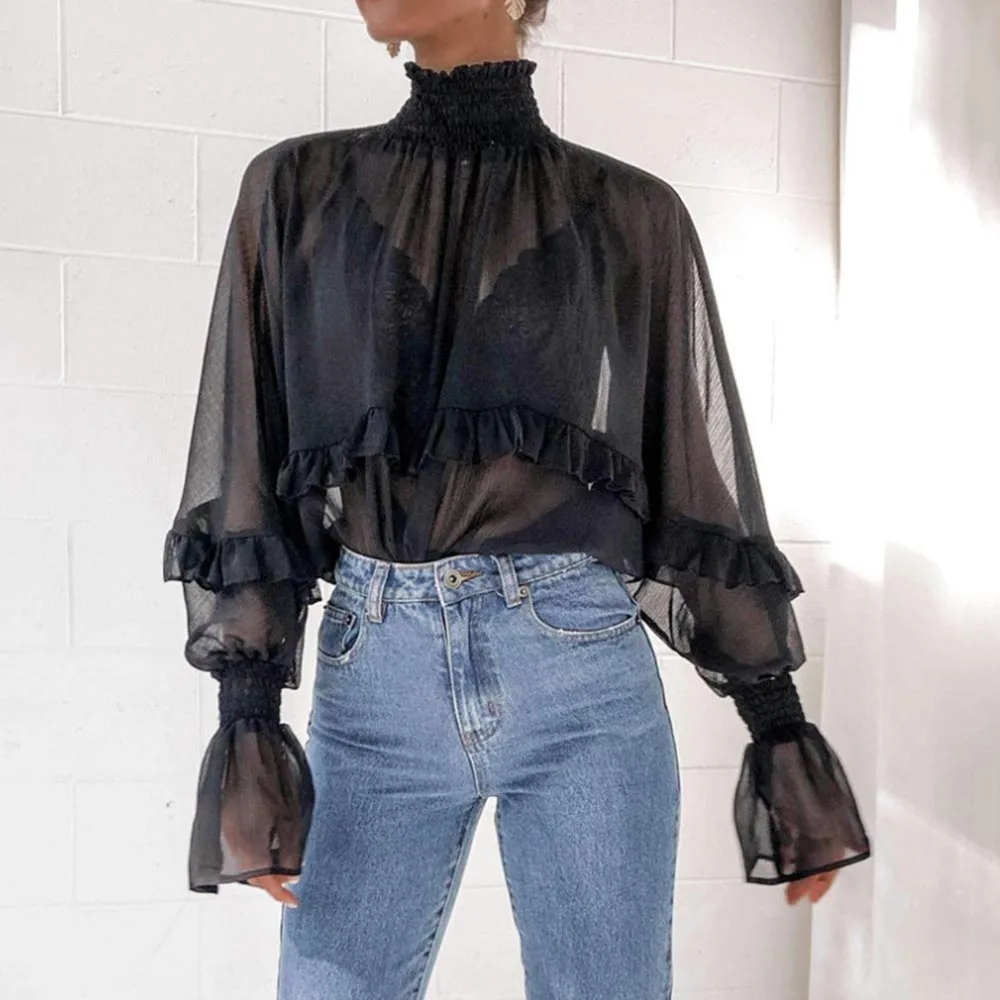 Chiffion женская черная блузка топы лето 2020 рукав летучая мышь модные уличные
