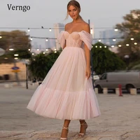 verngo off the shoulder pink dot tulle prom dress 2021 sweetheart short sleeves evening dresses tea length a line party gowns