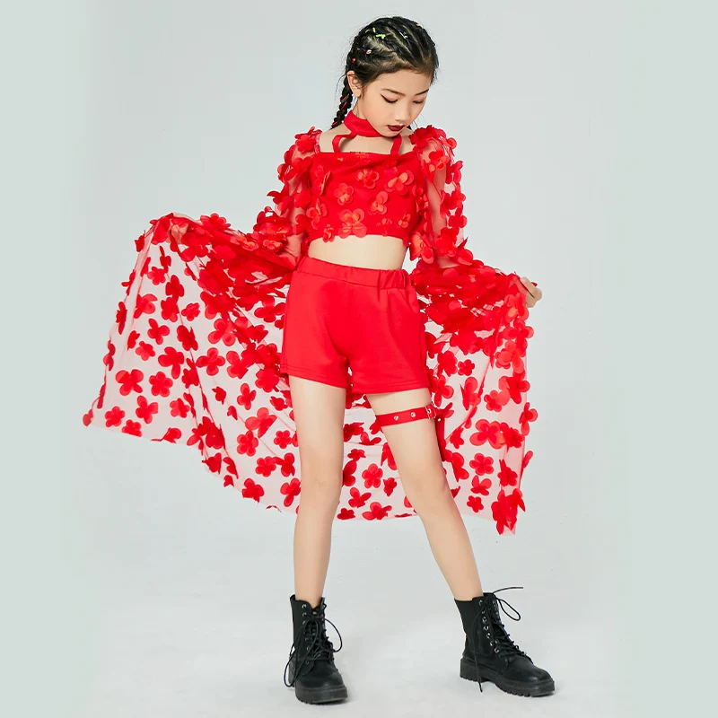

New Year Red Outfits For Girls Ballroom Hip Hop Dance Costumes For Kids Jazz Dance Performance Clothes Street Dance Wear DQS6305
