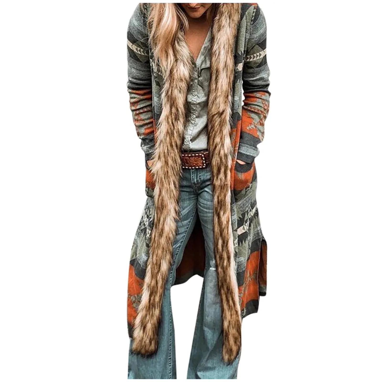 

Women Multicolor Print Hooded Long Sleeve trench Coat Long Sleeves Long Coat
