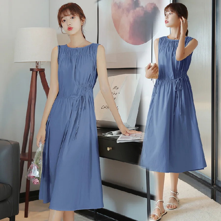 2021 Лето Высокое качество синий сарафан без рукавов в винтажном стиле Элегантные