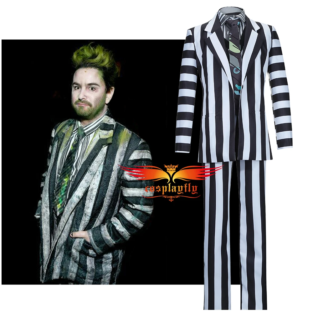 

Anime Beetlejuice Adam Cosplay Costume Outfits for Adult Men Black and White Striped Suit Jacket Shirt Pants Halloween Carnival