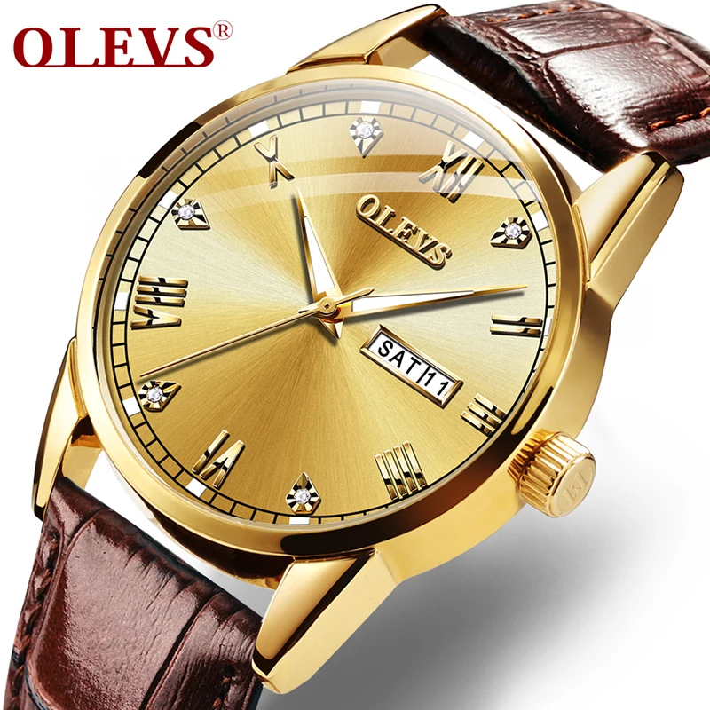 OLEVS дышащие кожаные часы с отображением дня недели водонепроницаемые