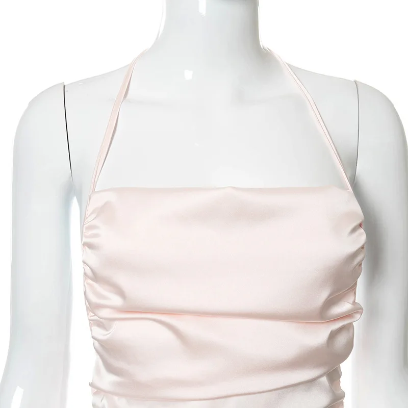 

2021 Casual Women Dress Halter Pleated Sleeveless Solid Color Steetwear Summer Clothes For Women Outfit