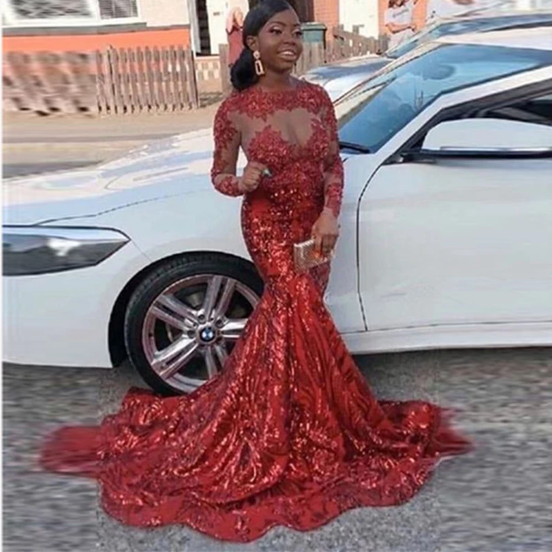 

Sparkling Sequins Cocktail Party Dress Long Sleeves Sheer Neck Red Bling Bling Prom Dress Mermaid Dubai Abaya Kaftan Dresses
