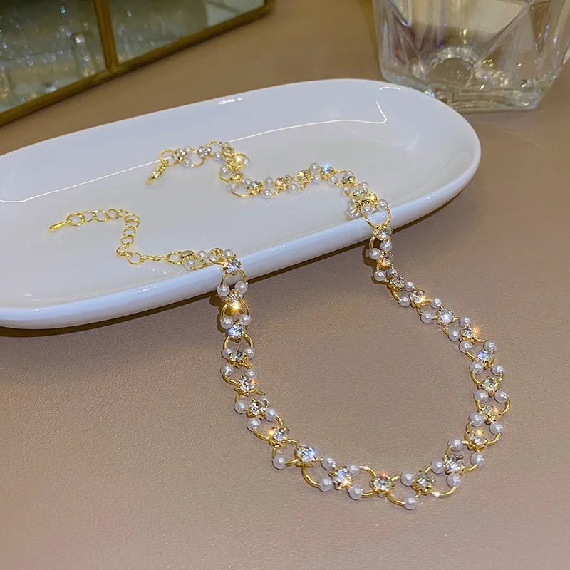 

2021 New Fashion Luxury Zircon Necklace Girl Choker Chain Female Pearl Collier Femme Jewelry Gift