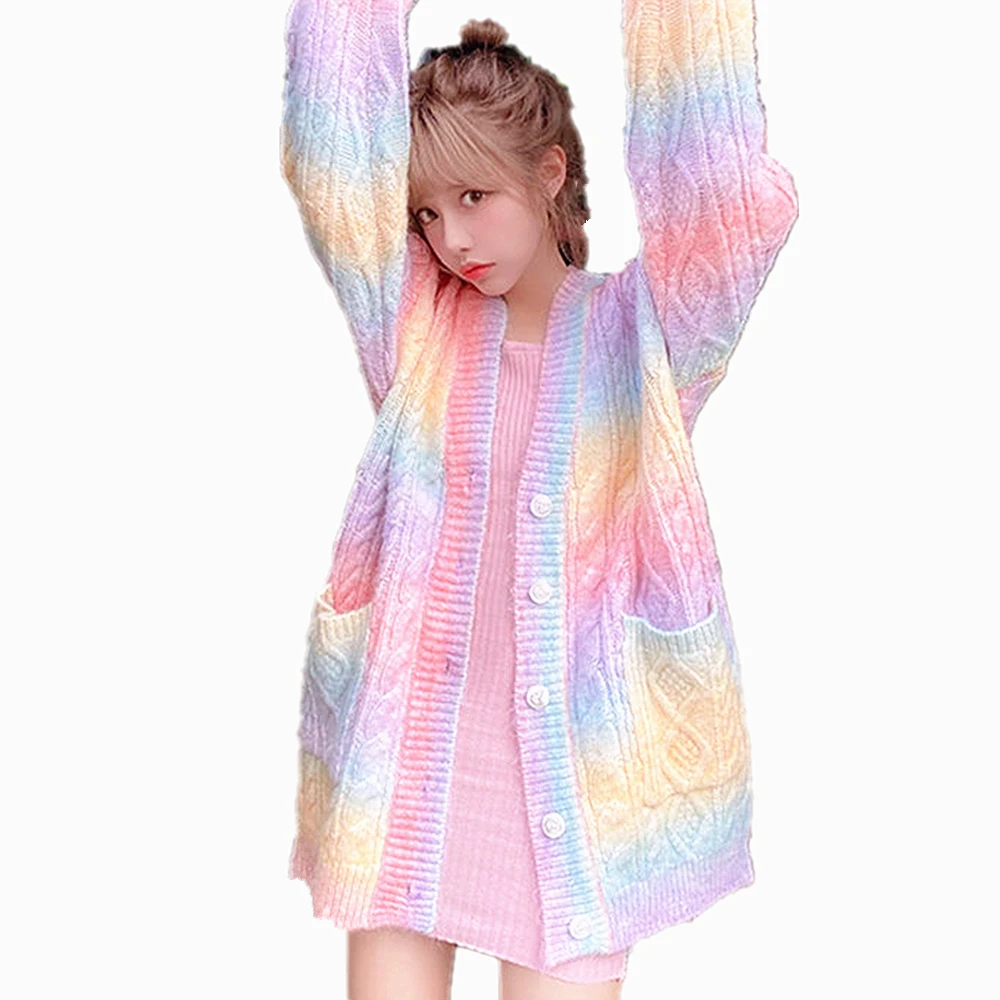 

Женский Радужный вязаный кардиган, милый свитер-пальто в Корейском стиле на пуговицах, Осень-зима 2021