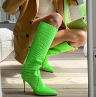 fluorescent green crocodile leather pointed toe thin heels knee high boots woman new loose tube long botas shoes big size 48