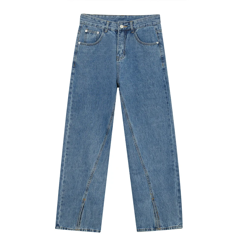 

IEFB Men's Denim Trousers 2021 New Korean Straight Tube Split Design Trend Personal Casual Blue Jeans Men Korean Niche Bottoms