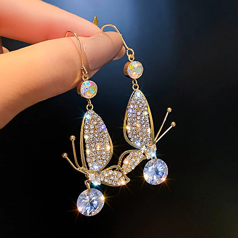 

Korean Luxury Crystal Butterfly Earring For Women Flowers Leaves Pearl Zircon Dangle Earrings Wedding Party Engagement Jewelry