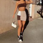 Женский комплект из 2 предметов, однотонный укороченный жилет на одно плечо, Лоскутная юбка-карандаш с высокой талией и цветными вставками, мини-юбка для женщин