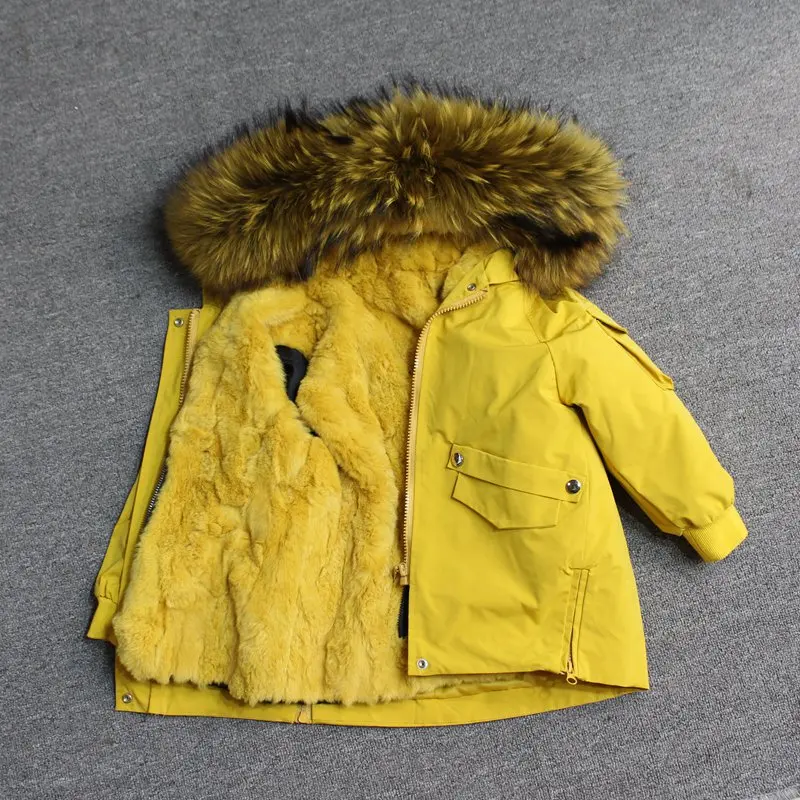 yellow yellow fur Для маленьких мальчиков детская зимняя куртка, детская куртка-пуховик для девочек зимняя куртка для детей в Зимняя куртка для девочек и мальчиков детские линией натурального меха кролика, парка, пальто - Цвет: yellow yellow fur