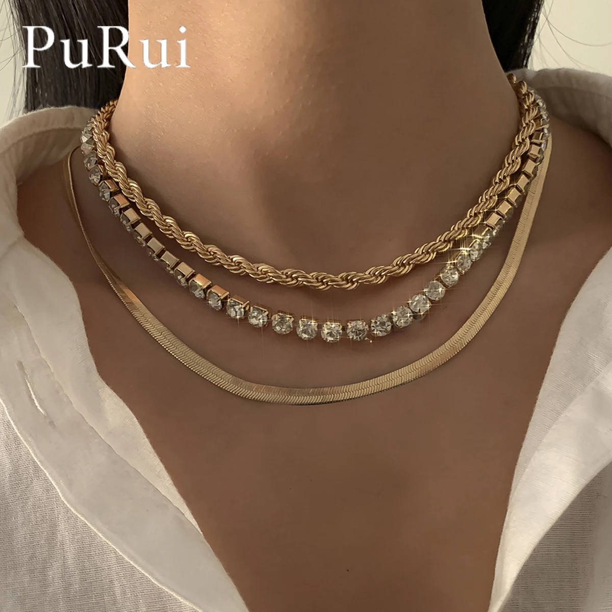 

Multi-layered Snake Chain Choker Necklace Female 2021 Bling Crystal Tennis Chain Choker Vintage Gold Twisted Neck Chain Jewelry