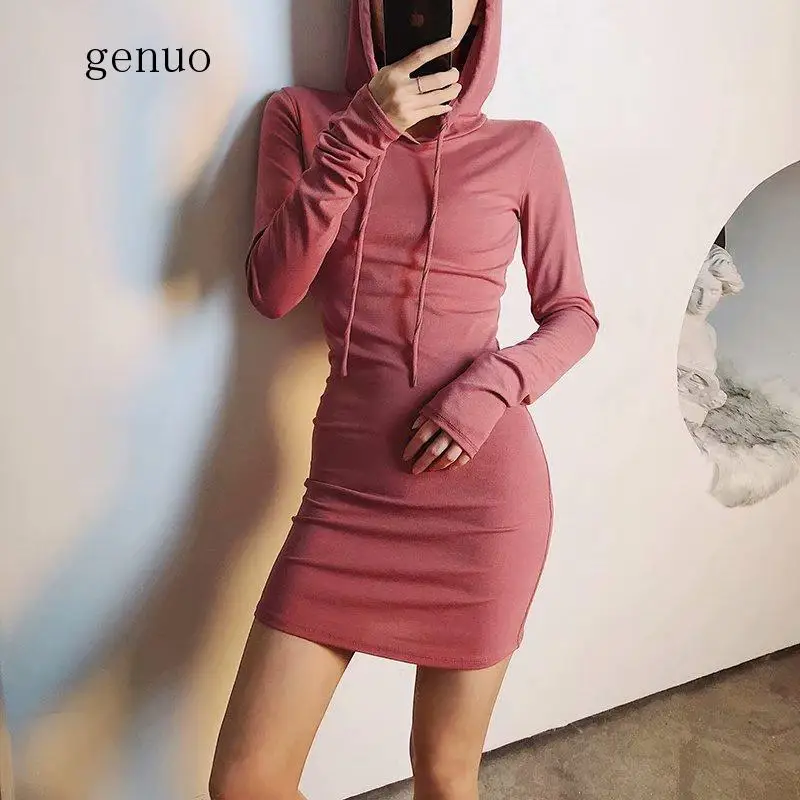 

New Korean Women's Hooded Bag Hip Temperament Sexy Slim Sexy Dress