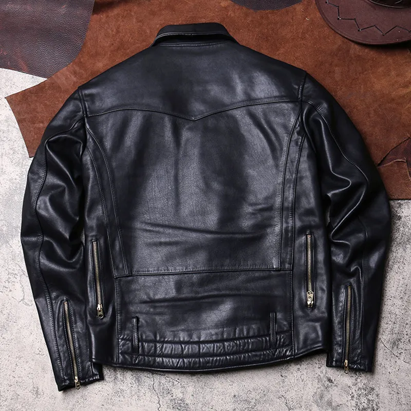 

2020 Black Men American Style Slim Fit J24 Biker's Jacket Genuine Cowhide Autumn Short Motorcycle Leather Coat