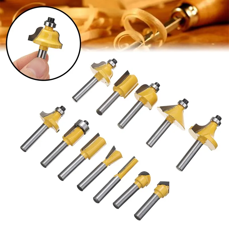 

12pcs 1/4inch Straight Template Cutter 6.35mm Shank Flush Bearing Wood Template Drill Bit Woodworking Milling Drill Bit
