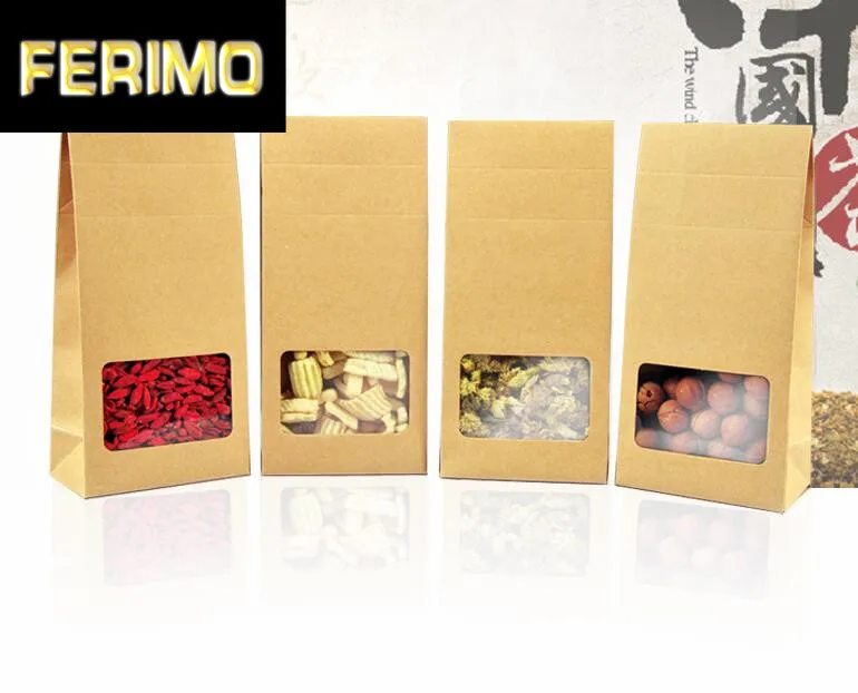 

100pcs New Kraft Paper Tea Packaging Bag Stand up Transparent Window Box Retail Sweet Candy Cookies Nut Packaging Pouch 3 Sizes