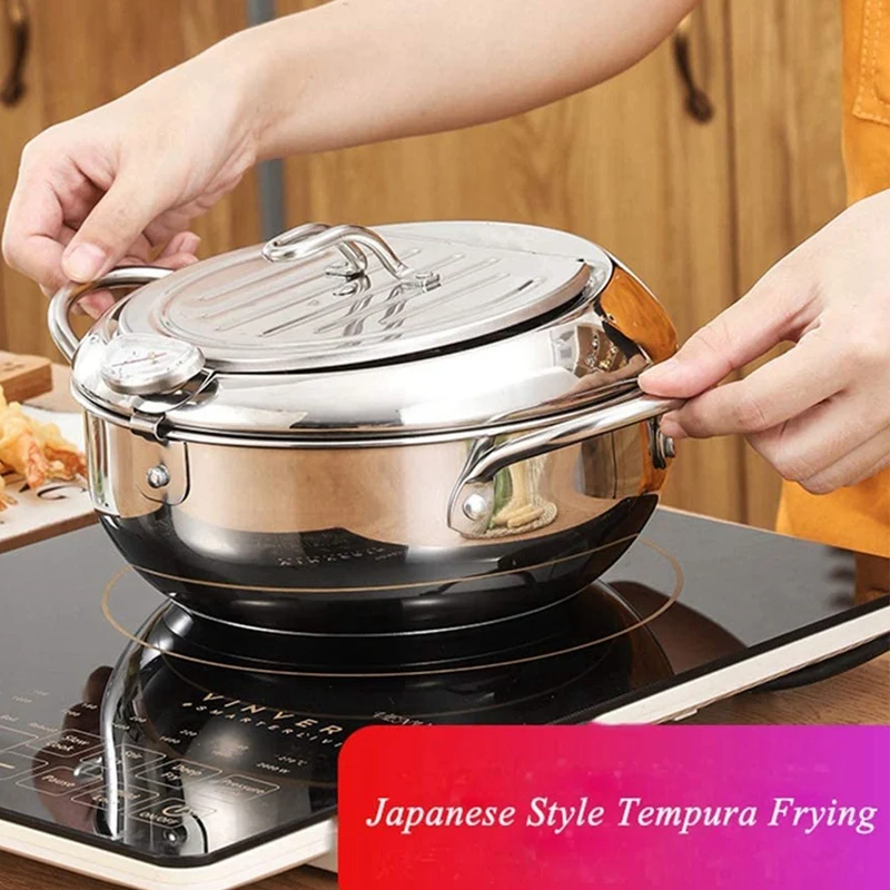

HOT-Deep Frying Pot with A Thermometer,Lid&Chopsticks Stainless Steel Kitchen Fryer Pan,Fryer Pan,Uncoated Fryer 20 cm