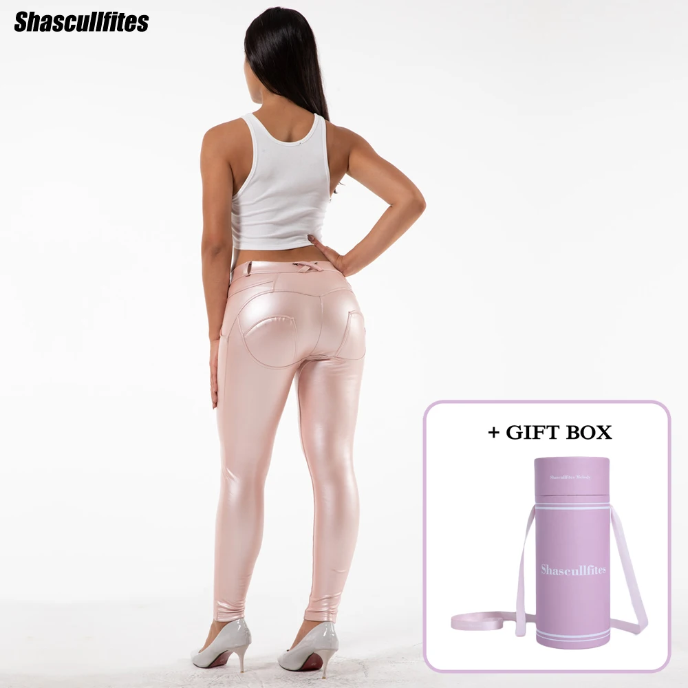 

NEW Shascullfites Melody Scrunch Bum Pants Leather Pants Women Pink Fleece Lined Stretch Leather Leggings with Gift Box Package