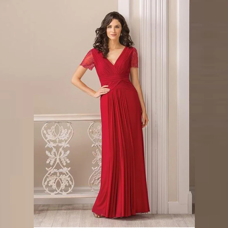 

2021 современный простой комплект из детской Красной шифоновой полной длины с коротким рукавом для мамы невесты платья с глубоким v-образным ...