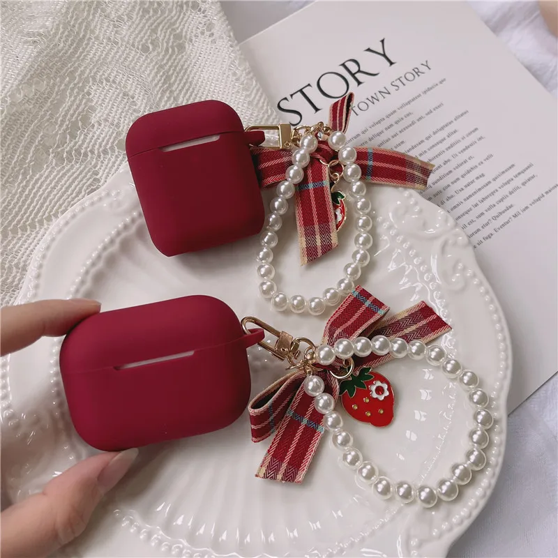 Чехол для наушников AirPods 1 2 с клубничным бантом винно красного цвета роскошный