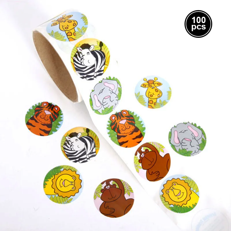 

100pcs/roll Jungle Birthday Party Goodies Treat Sticker For Safari Favor boxes Food Bag Lion Tiger