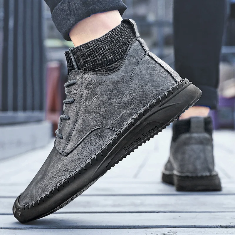 Модные мужские зимние ботинки плюшевые теплые Водонепроницаемые кожаные