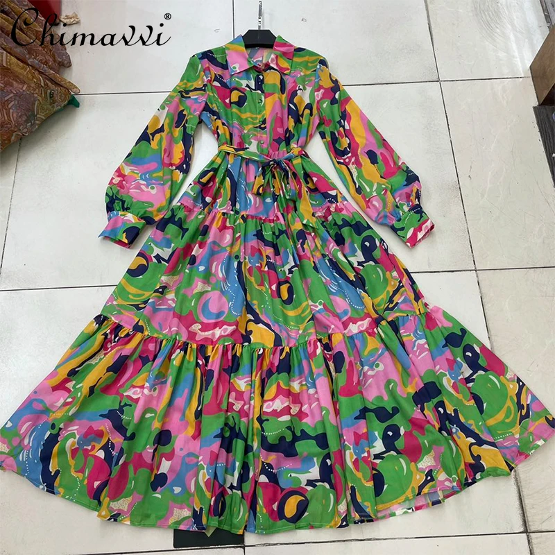 

2021 Autumn Women Clothing Bohemian Printed Cotton Long-Sleeved Dress High Waist Slim Flowy Large Swing Elegant Shirt Dress