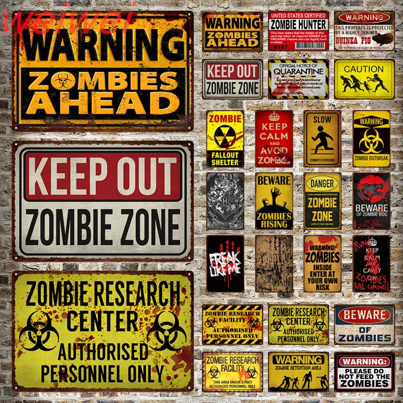

Metal Poster Beware of Zombies Tin Warning Plaque Hazardous Area Signs Club Pub Bar Wall Vintage Rusty Metal Decoration Plaque
