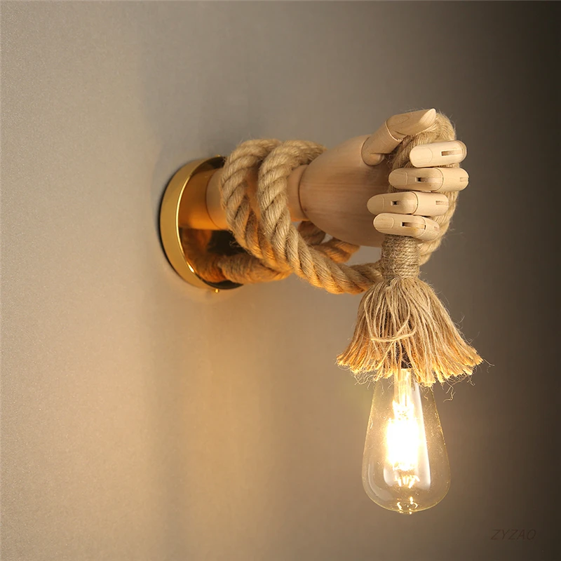 

Creative Hand Shape Wall Light Retro Industrial Loft Hemp Rope Wall Lamps Corridor Aisle Bar Restaurant E27 Wall Decoration Lamp