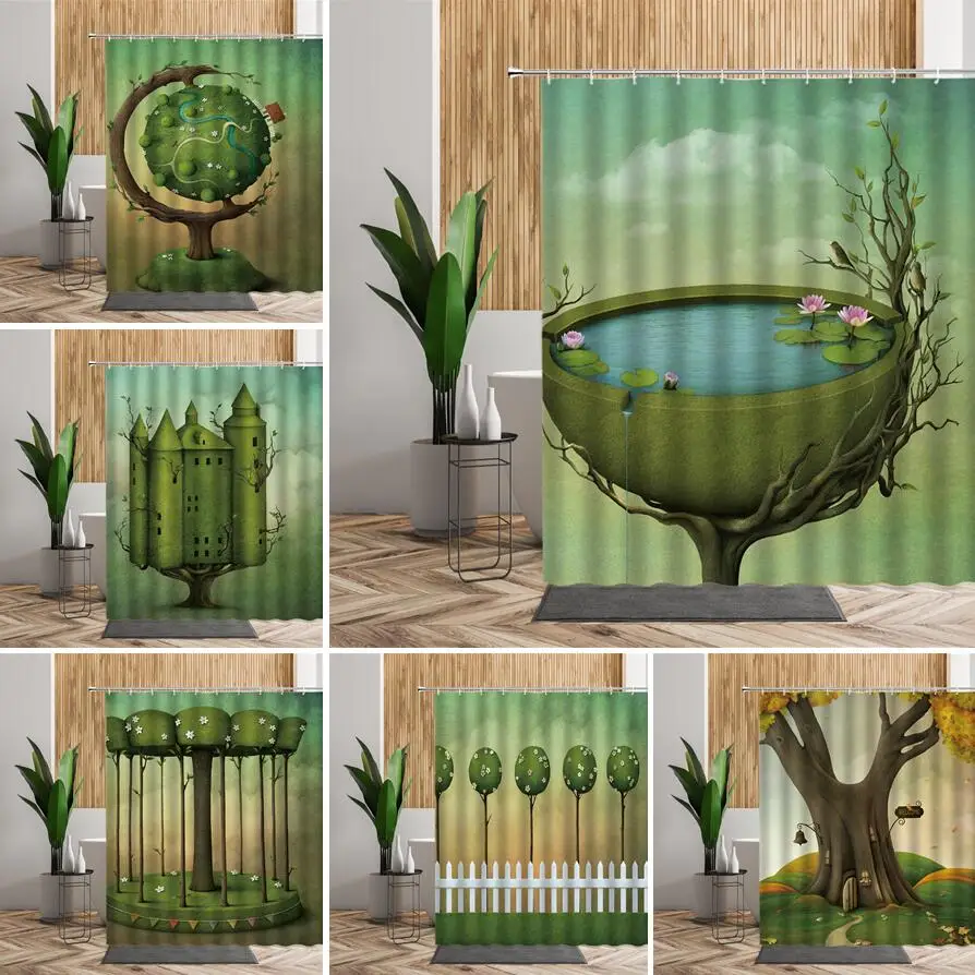 

Flower Green Tree Shower Curtain Set Lotus Castle Earth Wood Fence Creative Bathroom Bath Decor Waterproof Curtains For Bedroom